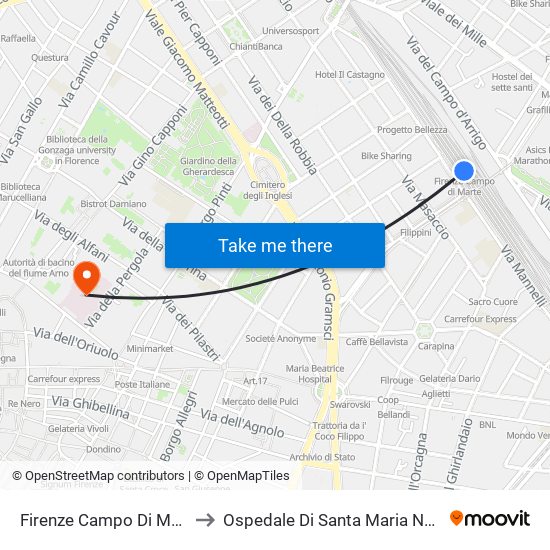 Firenze Campo Di Marte to Ospedale Di Santa Maria Nuova map