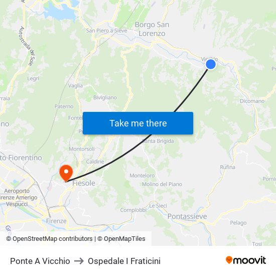 Ponte A Vicchio to Ospedale I Fraticini map