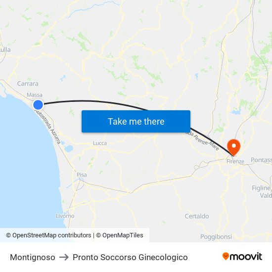 Montignoso to Pronto Soccorso Ginecologico map