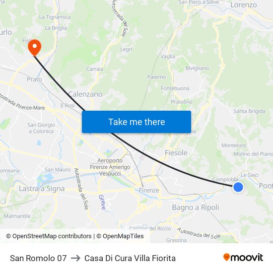 San Romolo 07 to Casa Di Cura Villa Fiorita map