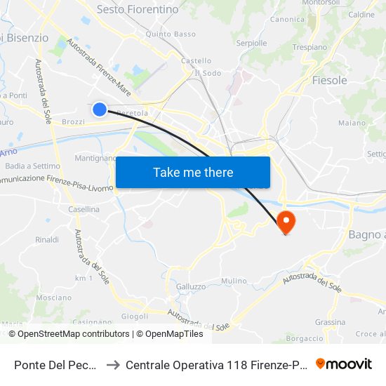 Ponte Del Pecora to Centrale Operativa 118 Firenze-Prato map