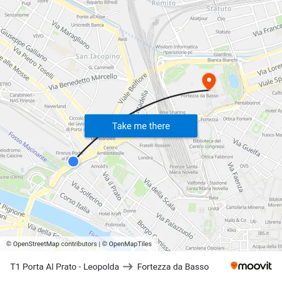 T1 Porta Al Prato - Leopolda to Fortezza da Basso map