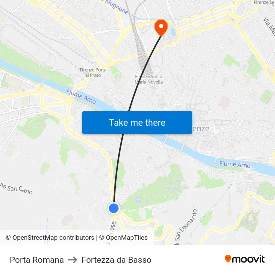 Porta Romana to Fortezza da Basso map