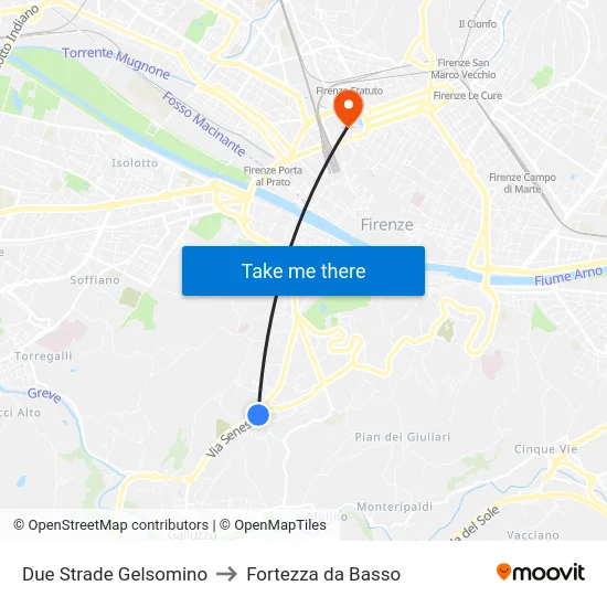 Due Strade Gelsomino to Fortezza da Basso map