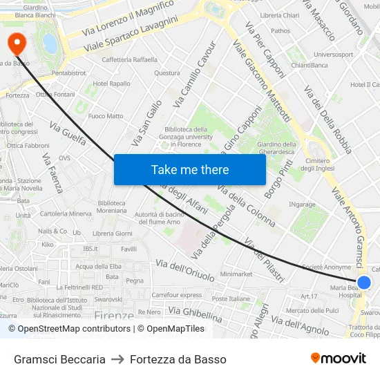 Gramsci Beccaria to Fortezza da Basso map