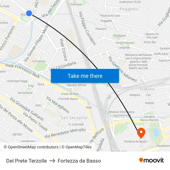 Del Prete Terzolle to Fortezza da Basso map