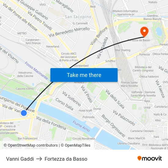 Vanni Gaddi to Fortezza da Basso map