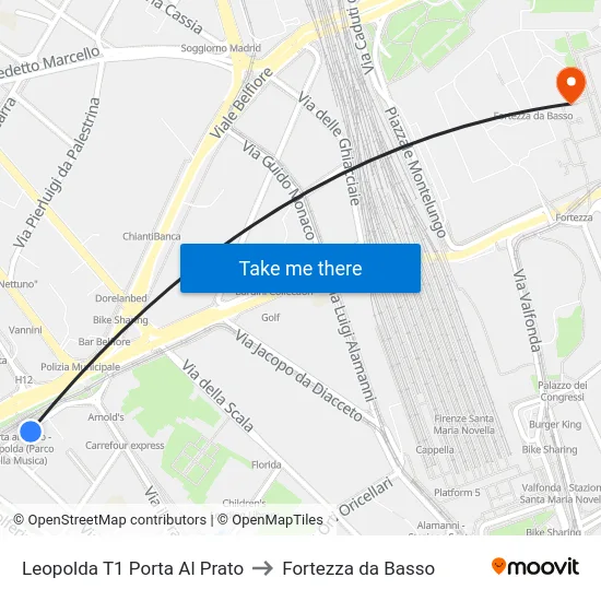 Leopolda T1 Porta Al Prato to Fortezza da Basso map