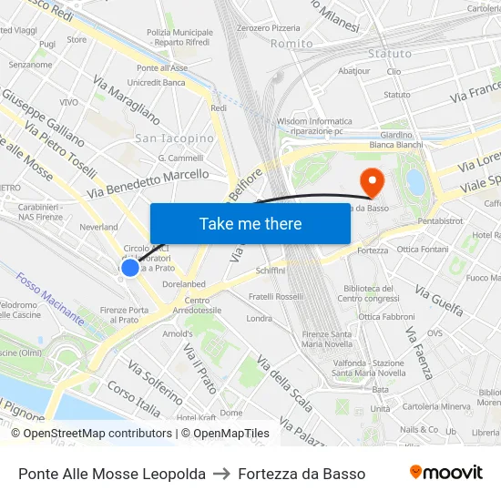 Ponte Alle Mosse Leopolda to Fortezza da Basso map