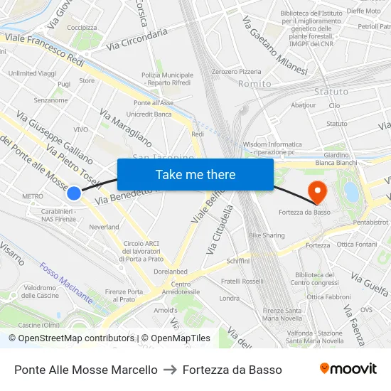 Ponte Alle Mosse Marcello to Fortezza da Basso map