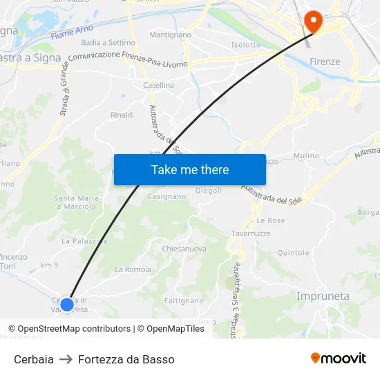 Cerbaia to Fortezza da Basso map