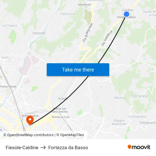 Fiesole-Caldine to Fortezza da Basso map
