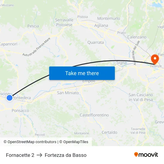 Fornacette 2 to Fortezza da Basso map