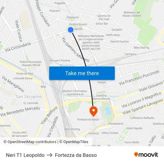 Neri T1 Leopoldo to Fortezza da Basso map