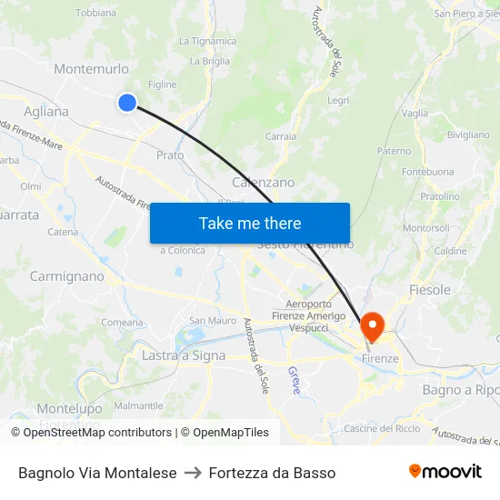 Bagnolo Via Montalese to Fortezza da Basso map