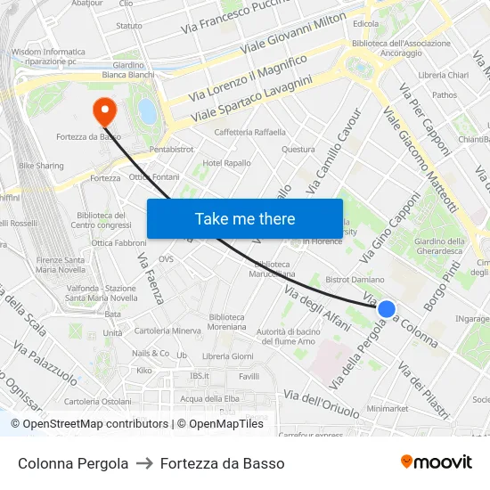 Colonna Pergola to Fortezza da Basso map