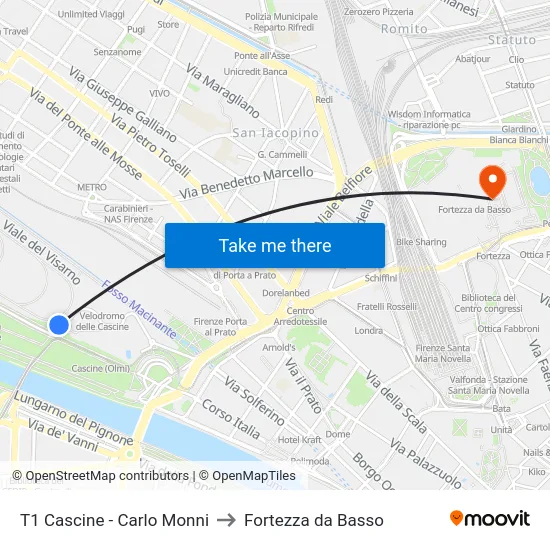 T1 Cascine - Carlo Monni to Fortezza da Basso map