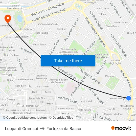 Leopardi Gramsci to Fortezza da Basso map