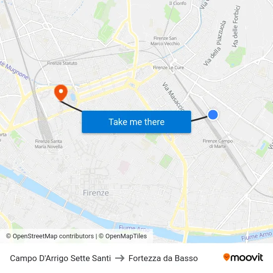 Campo D'Arrigo Sette Santi to Fortezza da Basso map