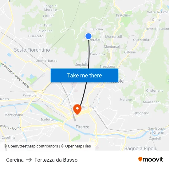 Cercina to Fortezza da Basso map