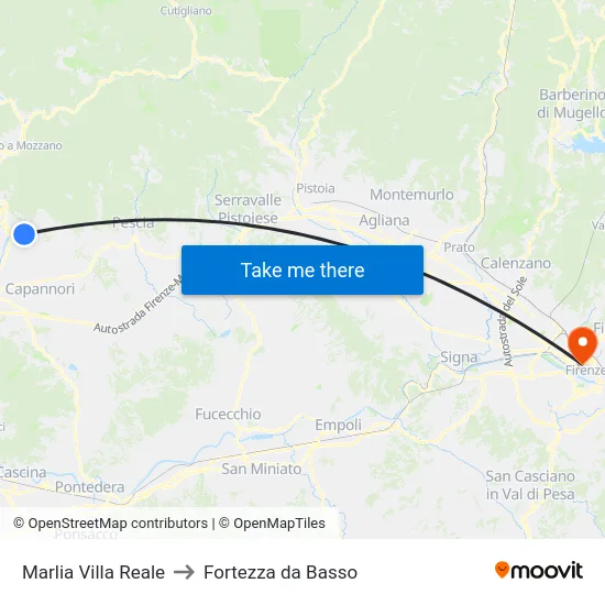 Marlia Villa Reale to Fortezza da Basso map