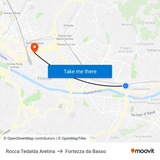 Rocca Tedalda Aretina to Fortezza da Basso map
