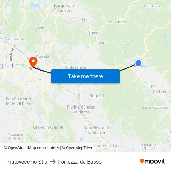 Pratovecchio-Stia to Fortezza da Basso map