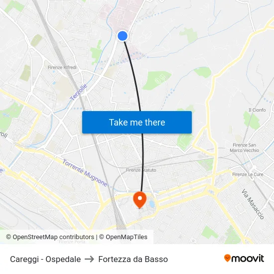 Careggi - Ospedale to Fortezza da Basso map