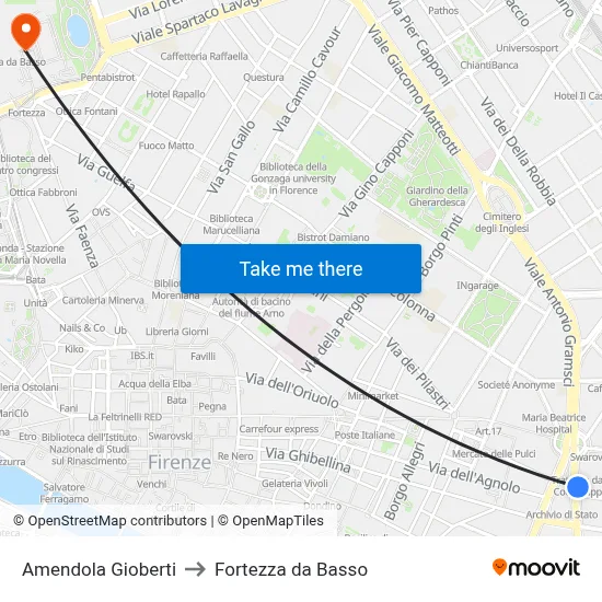 Amendola Gioberti to Fortezza da Basso map