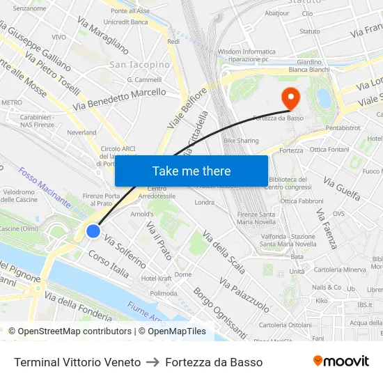 Terminal Vittorio Veneto to Fortezza da Basso map