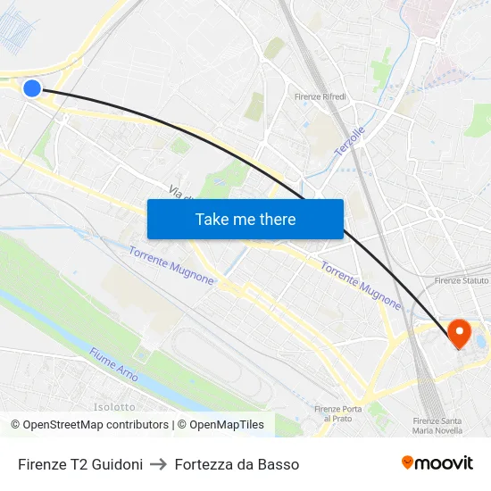 Firenze T2 Guidoni to Fortezza da Basso map