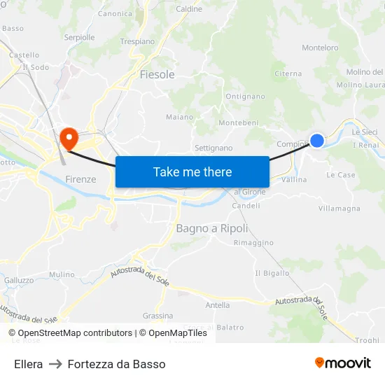 Ellera to Fortezza da Basso map