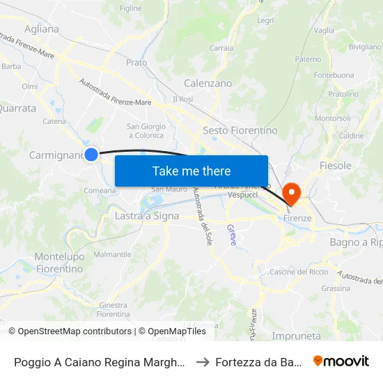 Poggio A Caiano Regina Margherita to Fortezza da Basso map