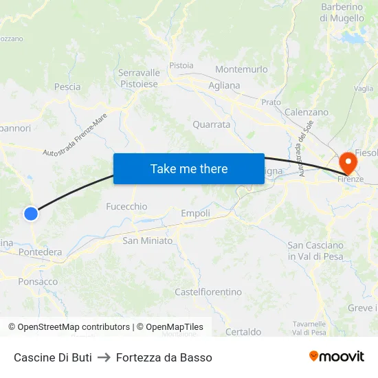 Cascine Di Buti to Fortezza da Basso map