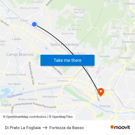 Di Prato La Fogliaia to Fortezza da Basso map