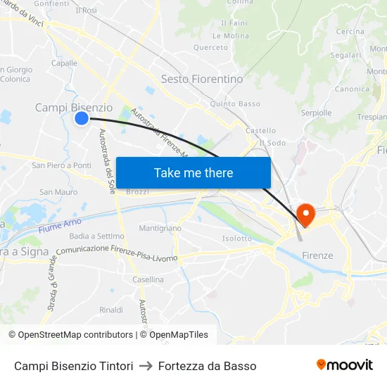 Campi Bisenzio Tintori to Fortezza da Basso map