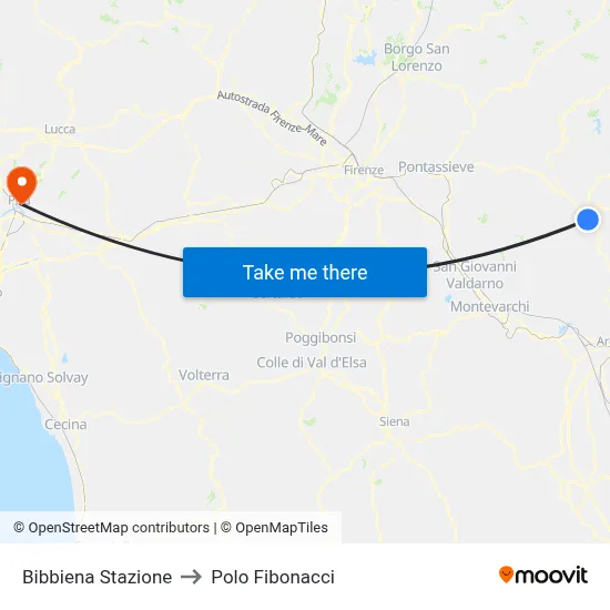 Bibbiena Station to Fibonacci Pole map