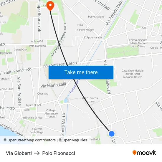 Via Gioberti to Polo Fibonacci map