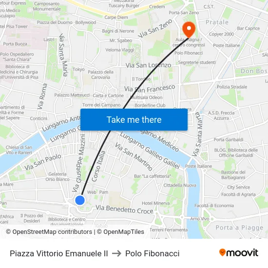 Piazza Vittorio Emanuele II to Polo Fibonacci map