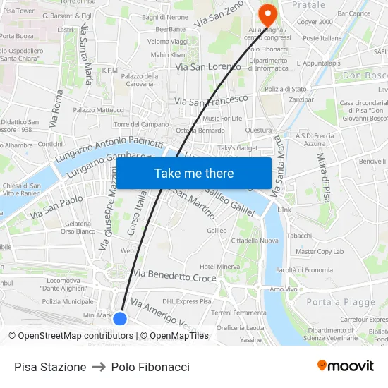 Pisa Station to Fibonacci Pole map