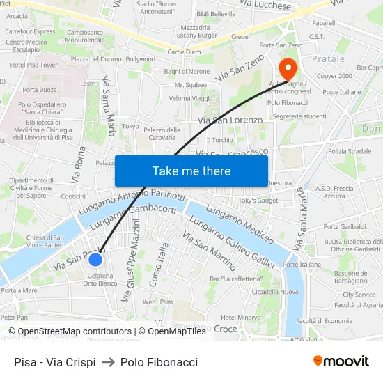 Pisa - Via Crispi to Polo Fibonacci map