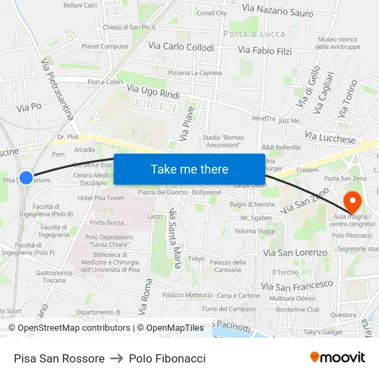 Pisa San Rossore to Polo Fibonacci map
