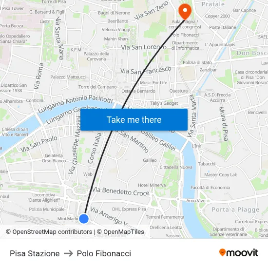 Pisa Station to Fibonacci Pole map