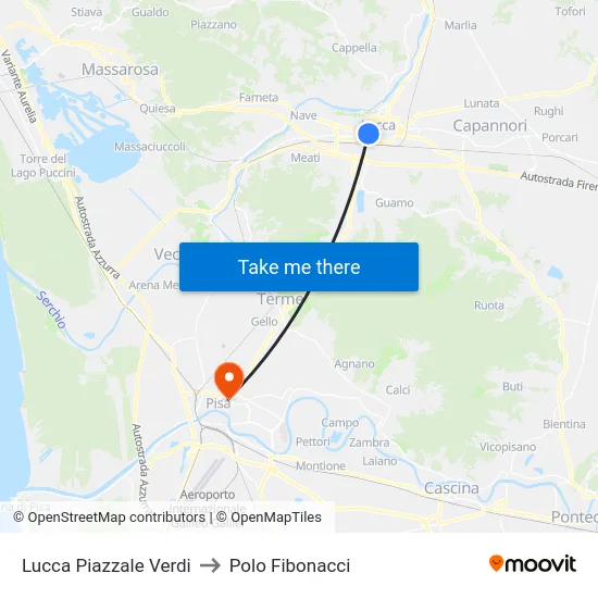 Lucca Piazzale Verdi to Polo Fibonacci map