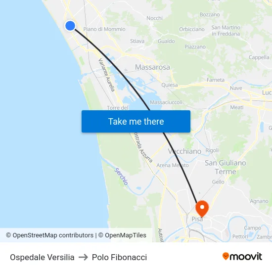 Ospedale Versilia to Polo Fibonacci map