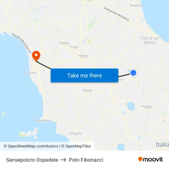 Sansepolcro Ospedale to Polo Fibonacci map