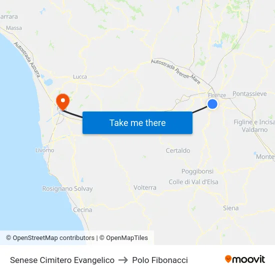 Senese Cimitero Evangelico to Polo Fibonacci map