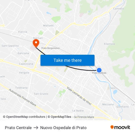 Prato Centrale to Nuovo Ospedale di Prato map