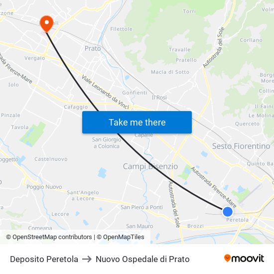 Deposito Peretola to Nuovo Ospedale di Prato map