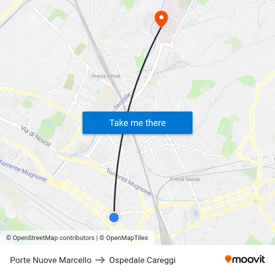 Porte Nuove Marcello to Careggi Hospital map